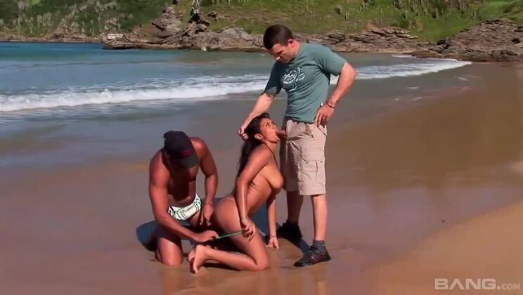 Double Penetration Beach Threesome with Brunette and Cumshot