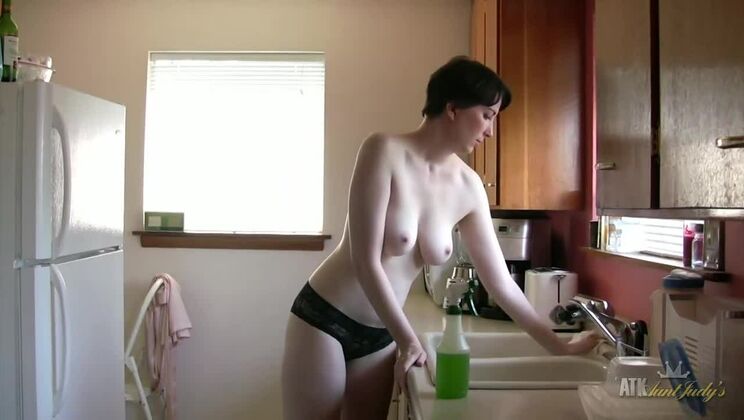 [AuntJudys] - Mature Woman Cleans Kitchen Naked