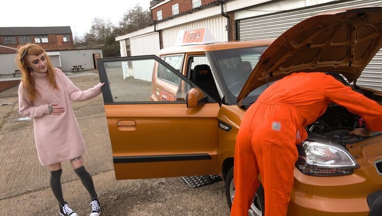 [FakeDrivingSchool] - Tattooed Redhead Squirts on Huge Cock