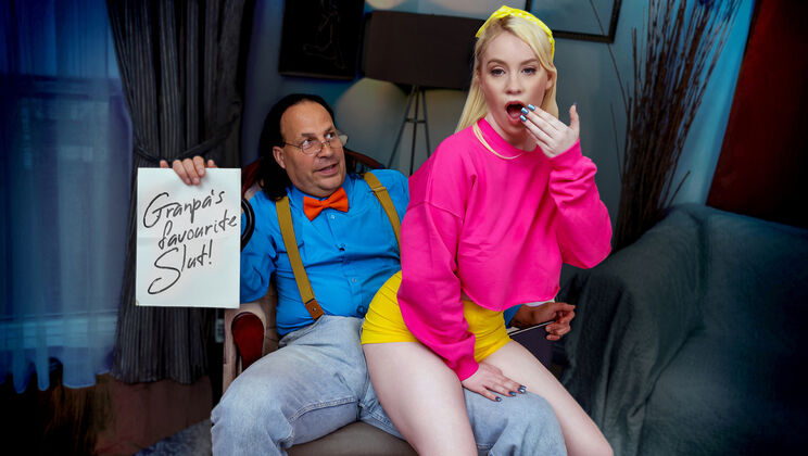 [NotMyGrandpa] - Obedient Blonde Licks Pussy & Takes Cum On Tits To Win The Game - Eric John - Gigi Sweets