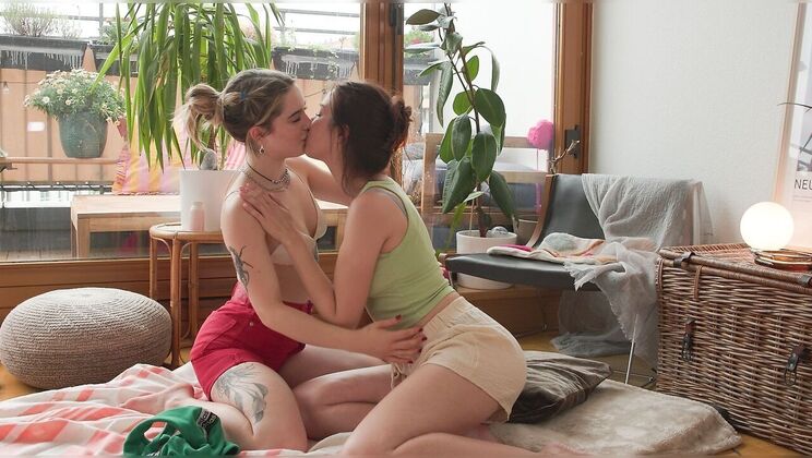 Body oil and kissing with Alice T and Mary H in lesbian massage